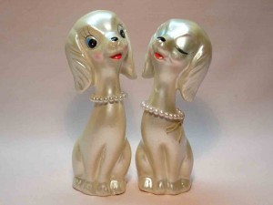 Dogs with pearl necklaces salt and pepper shakers