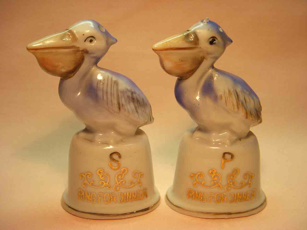 Vintage pelican birds on dinner bells salt and pepper shakers