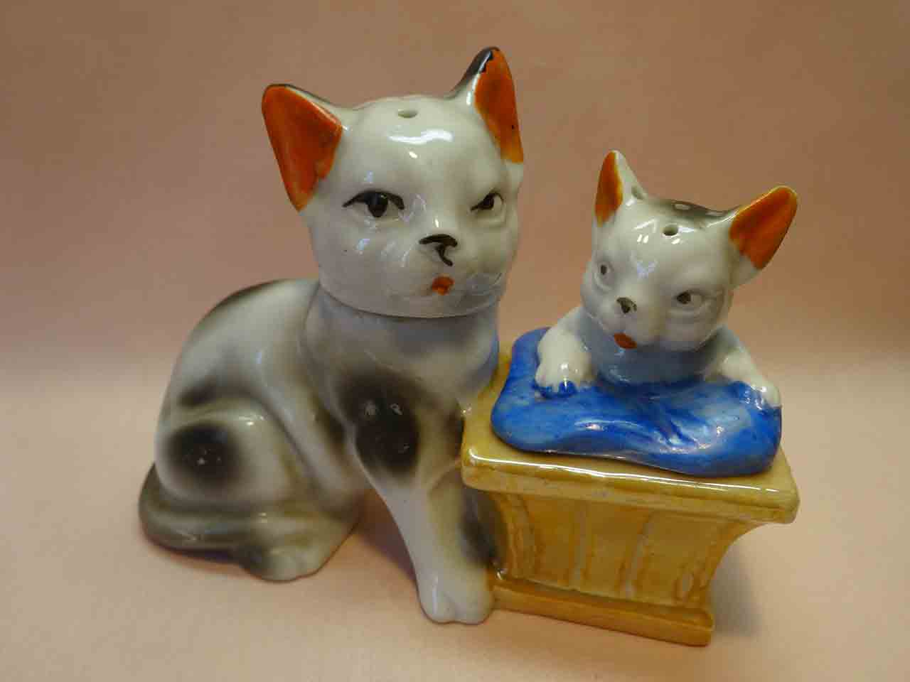 Cat with kitten in basket condiment set salt and pepper shaker